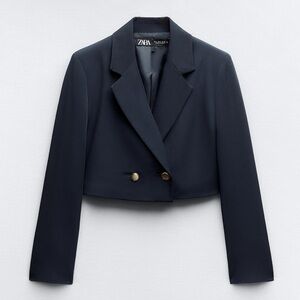 Zara Cropped Double Breasted Blazer - Navy